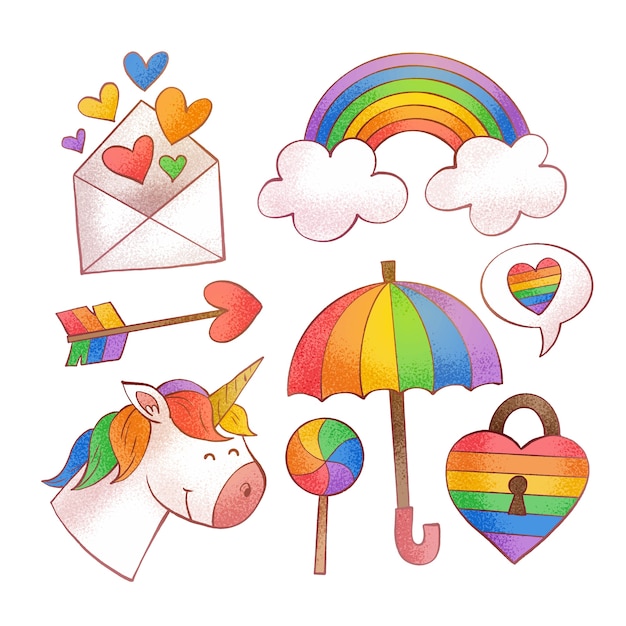 Free vector hand drawn design elements collection for pride month celebration