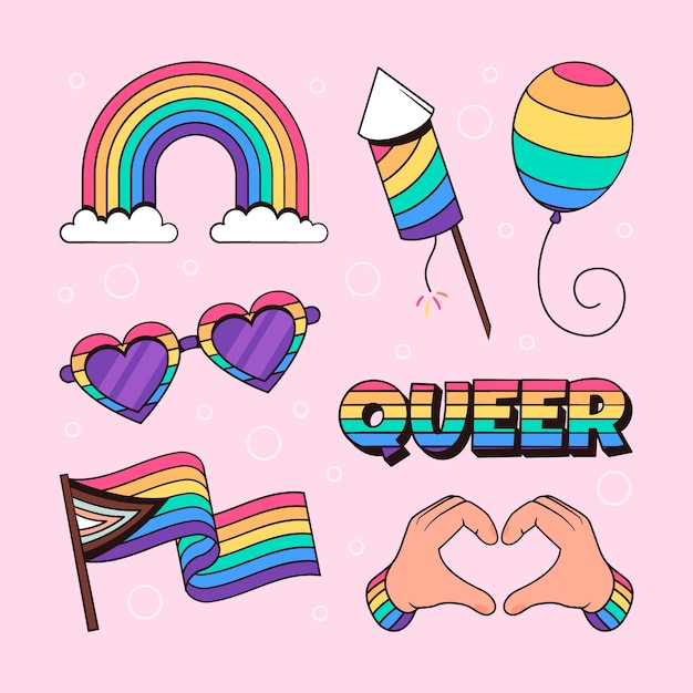 Free vector hand drawn design elements collection for pride month celebration