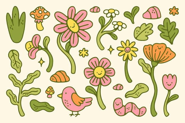 Hand drawn design elements collection for springtime season