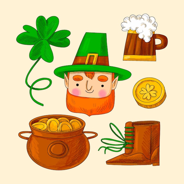 Free vector hand drawn design elements collection for st patrick's day celebration