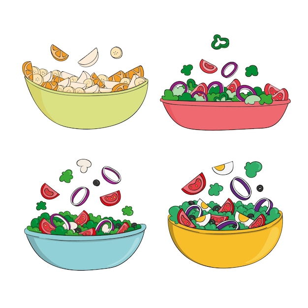 Free vector hand drawn design fruit and salad bowls