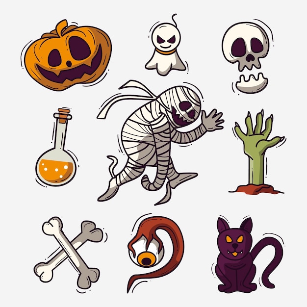 無料ベクター 手描きデザインハロウィーン要素コレクション