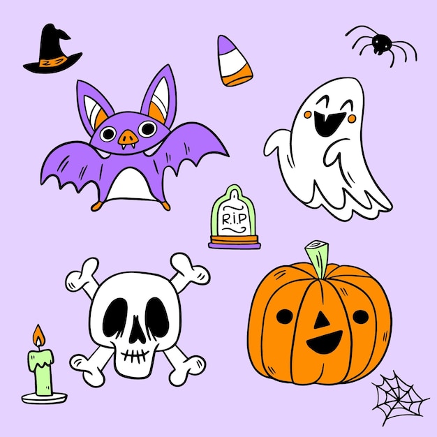 Vettore gratuito collezione di elementi di halloween disegno disegnato a mano