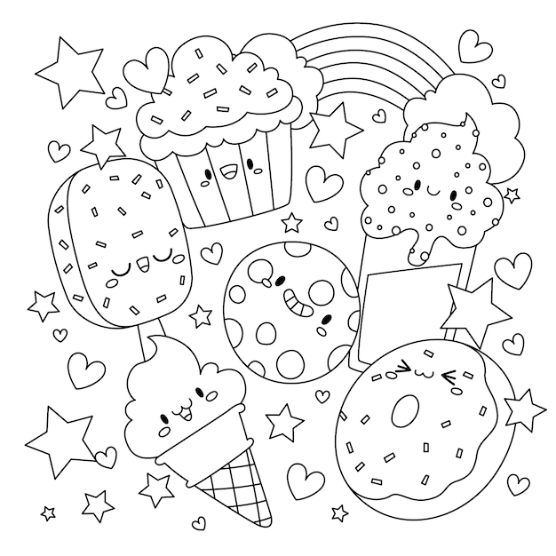 Hand drawn dessert coloring book illustration