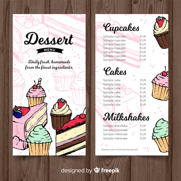 Vettore gratuito modello di menu di dessert disegnato a mano