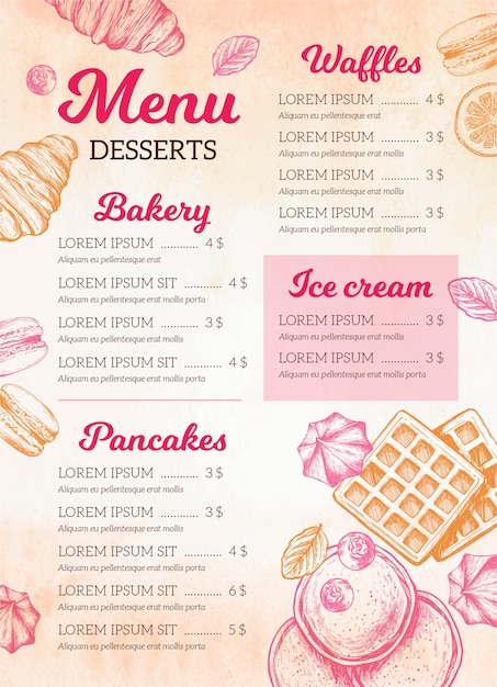 Hand drawn desserts restaurant menu template