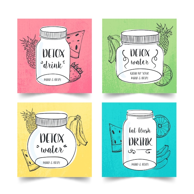 Free vector hand drawn detox diet drink collection with several fruits and vegetables