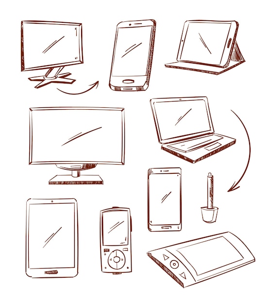 手描きデバイスタブレット、PC、ラップトップ、スマートフォン落書き線アイコン
