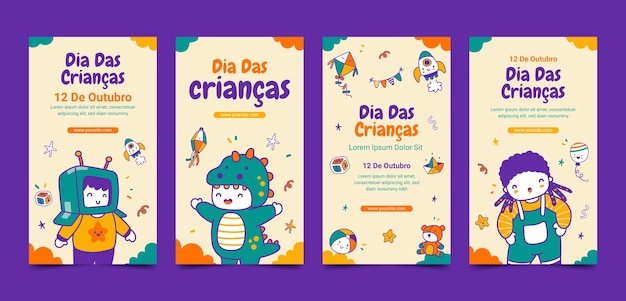 Hand drawn dia das criancas instagram stories collection