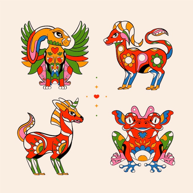 손으로 그린 디아 드 muertos alebrijes 컬렉션