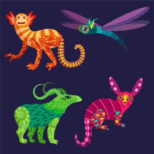 Коллекция рисованной dia de muertos alebrijes