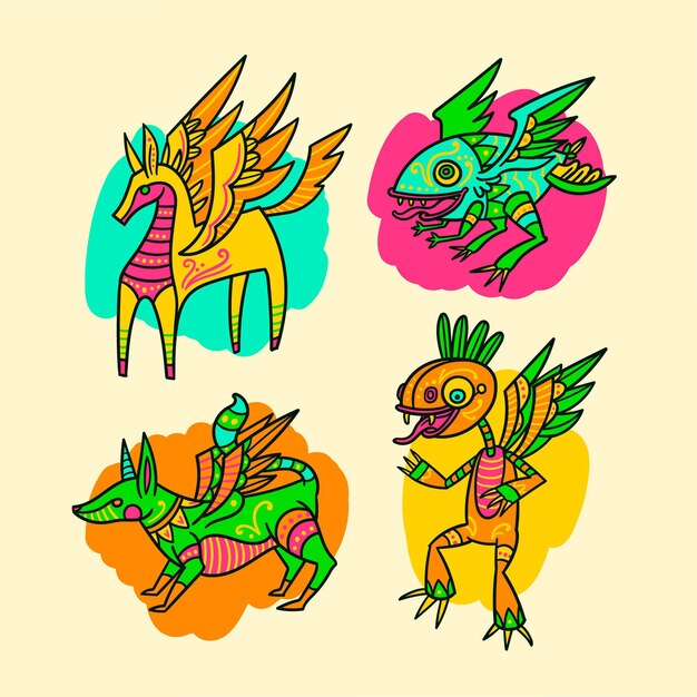 Hand drawn dia de muertos alebrijes collection