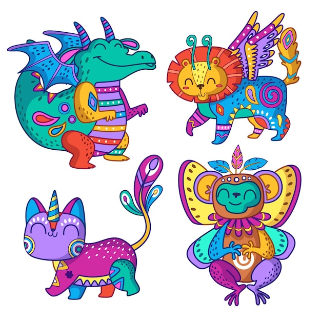 Hand drawn dia de muertos alebrijes collection