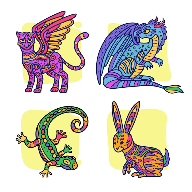 Hand drawn dia de muertos alebrijes collection