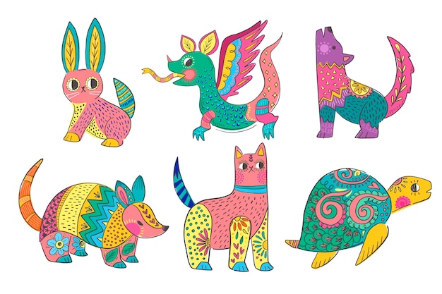 Free vector hand drawn dia de muertos alebrijes collection