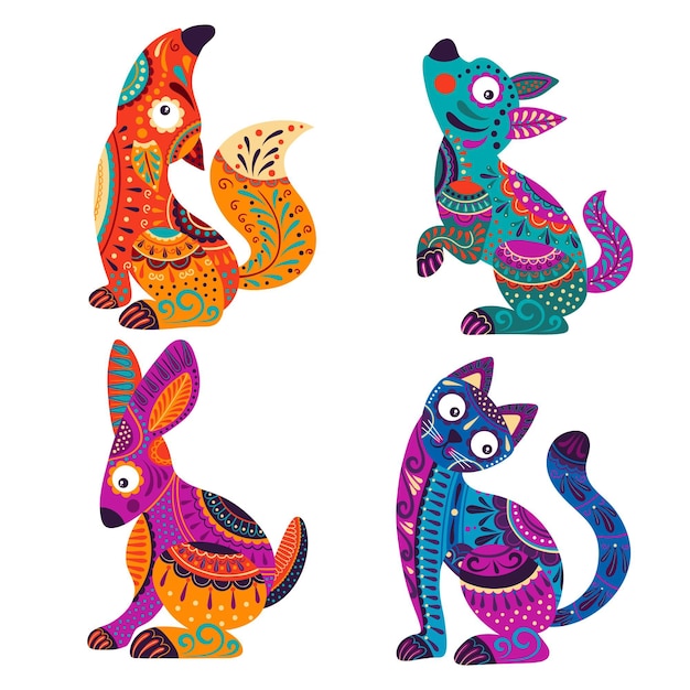 Free vector hand drawn dia de muertos alebrijes collection