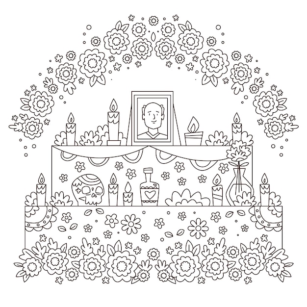 Free vector hand drawn dia de muertos altar coloring page illustration