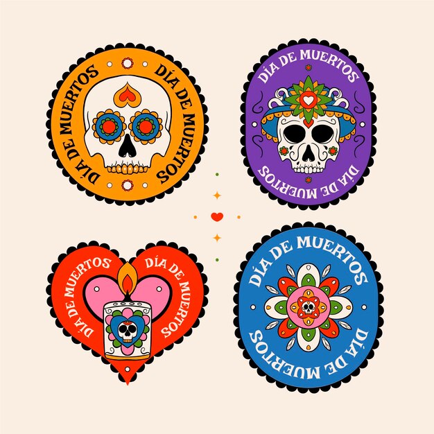 Hand drawn dia de muertos badges collection