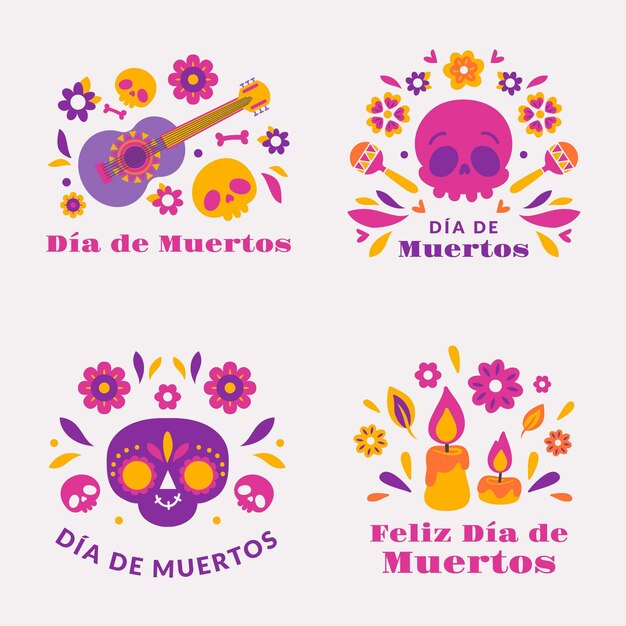 Collezione di distintivi dia de muertos disegnati a mano