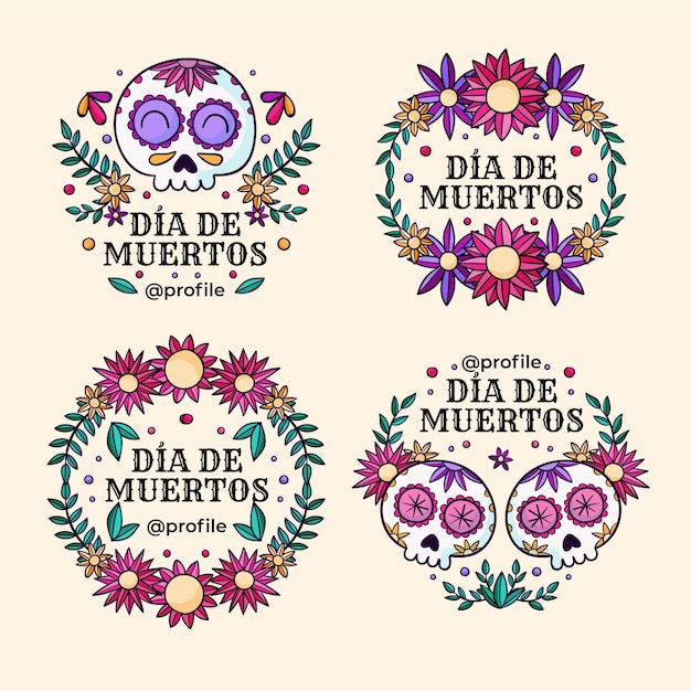 Vettore gratuito collezione di distintivi dia de muertos disegnati a mano