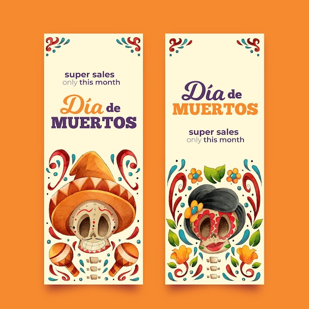 무료 벡터 손으로 그린 día de muertos 배너 팩