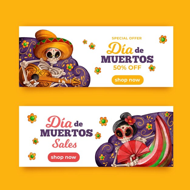 Hand drawn día de muertos banners set