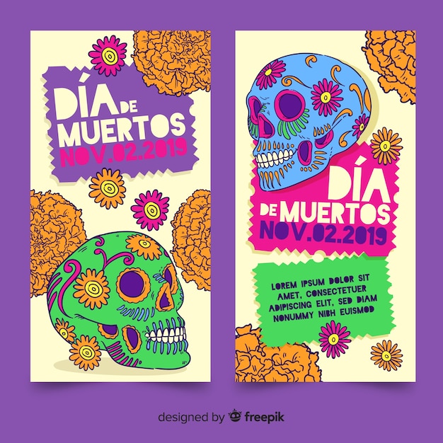 Hand drawn día de muertos banners template