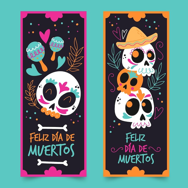 Vettore gratuito modello di banner dia de muertos disegnato a mano