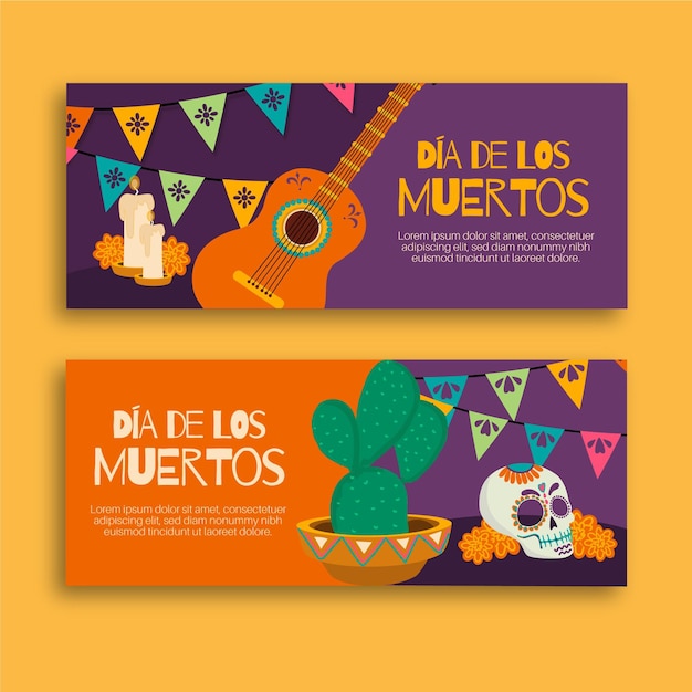 Hand drawn dia de muertos banners template