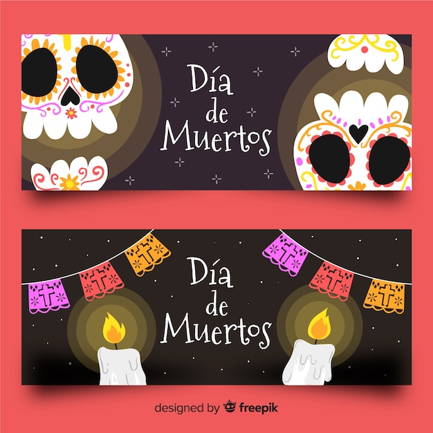 Hand drawn dia de muertos banners