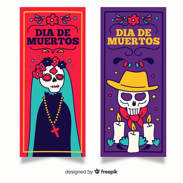 Hand drawn dia de muertos banners