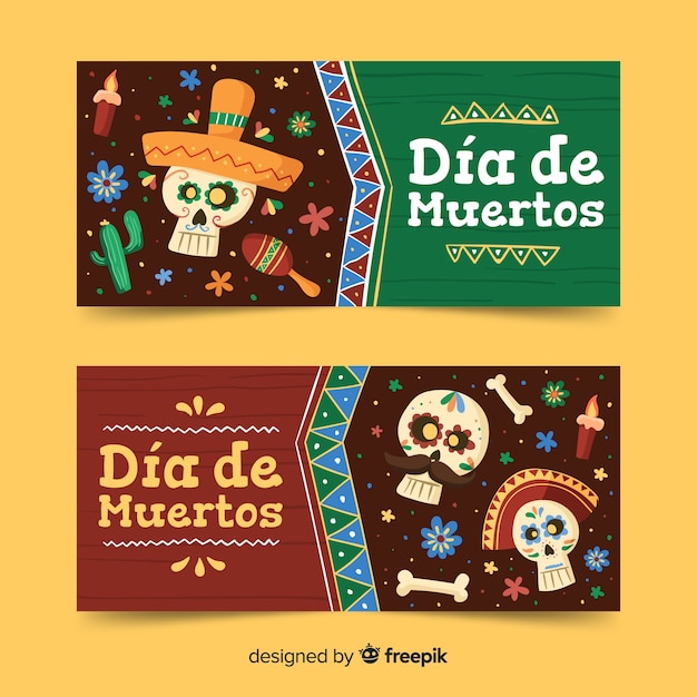 Hand drawn día de muertos banners