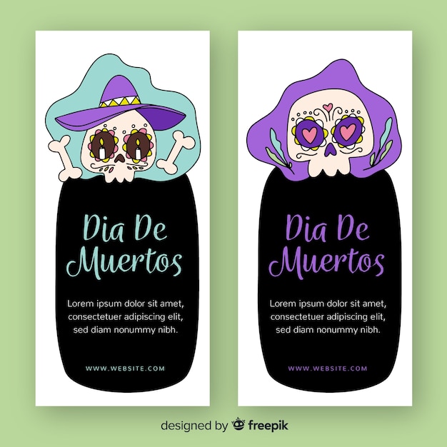 Hand drawn día de muertos banners