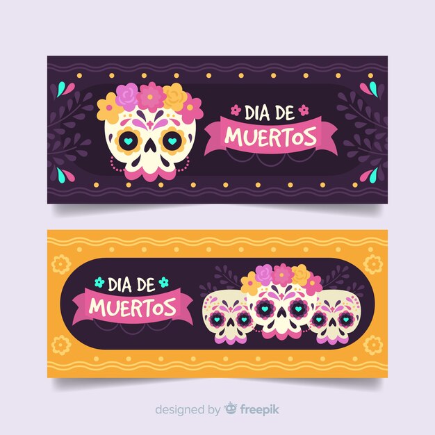 Hand drawn dia de muertos banners