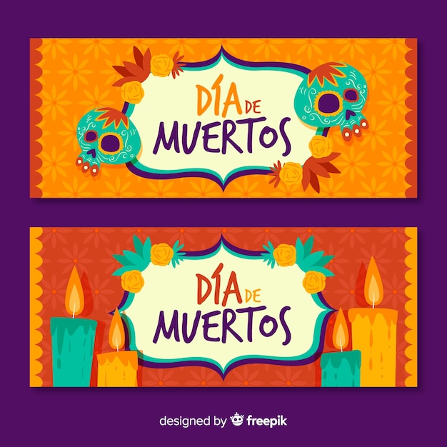 Hand drawn dia de muertos banners