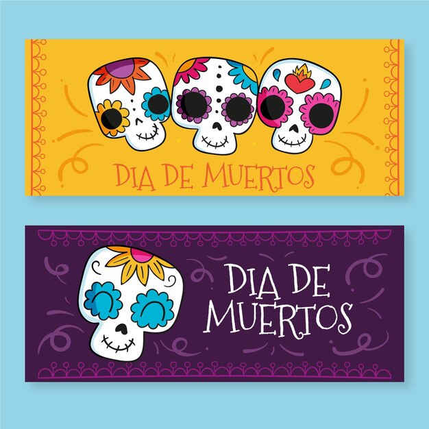 Hand drawn dia de muertos banners