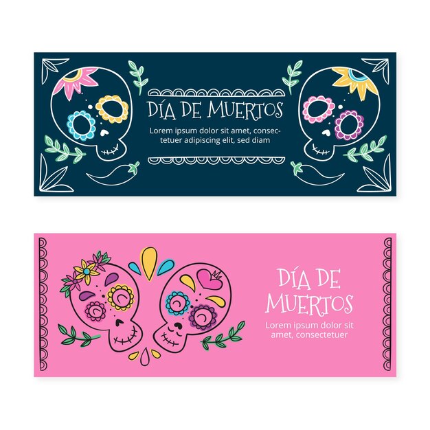 손으로 그린 dia de muertos 배너