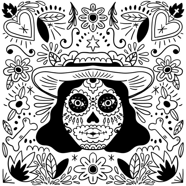 Free Vector hand drawn dia de muertos catrina coloring page illustration