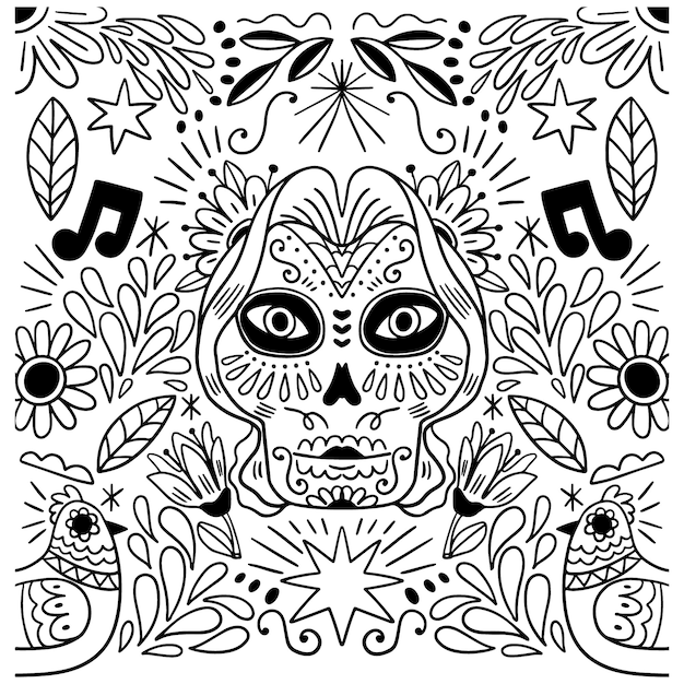 Hand drawn dia de muertos catrina coloring page illustration