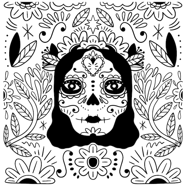 Нарисованная рукой иллюстрация страницы раскраски Dia de Muertos Catrina