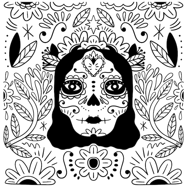 Free Vector hand drawn dia de muertos catrina coloring page illustration