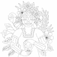 Free vector hand drawn dia de muertos catrina coloring page illustration