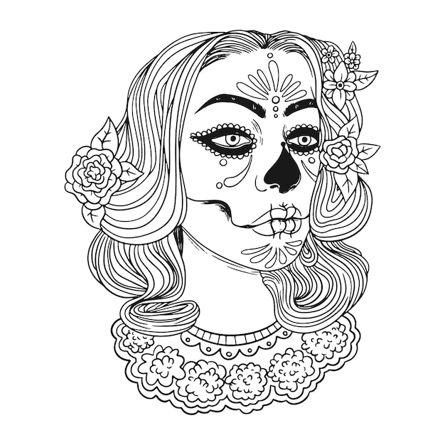 Нарисованная рукой иллюстрация страницы раскраски Dia de Muertos Catrina