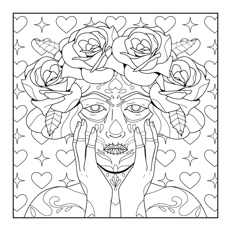 무료 Vector 손으로 그린 dia de muertos catrina 색칠 페이지 일러스트레이션