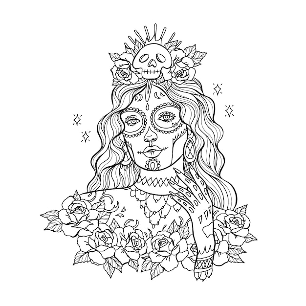 Free vector hand drawn dia de muertos catrina coloring page illustration