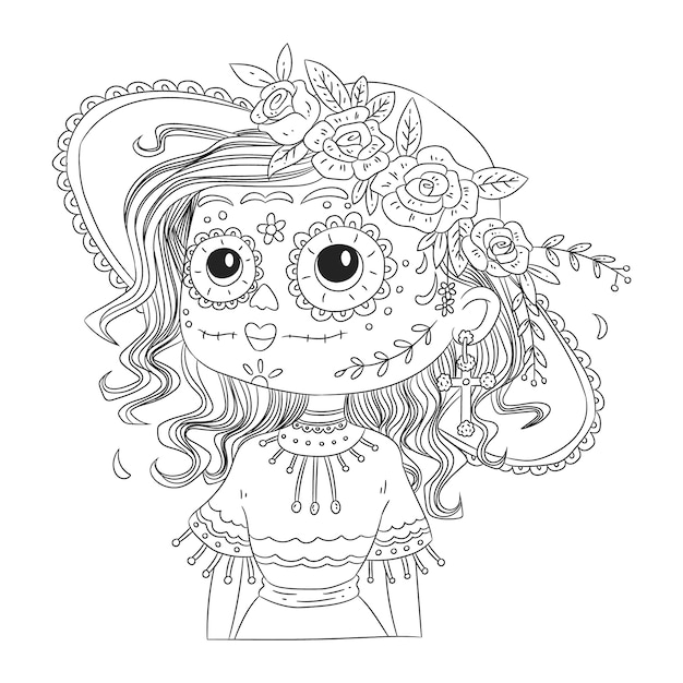 Vettore gratuito illustrazione della pagina da colorare dia de muertos catrina disegnata a mano