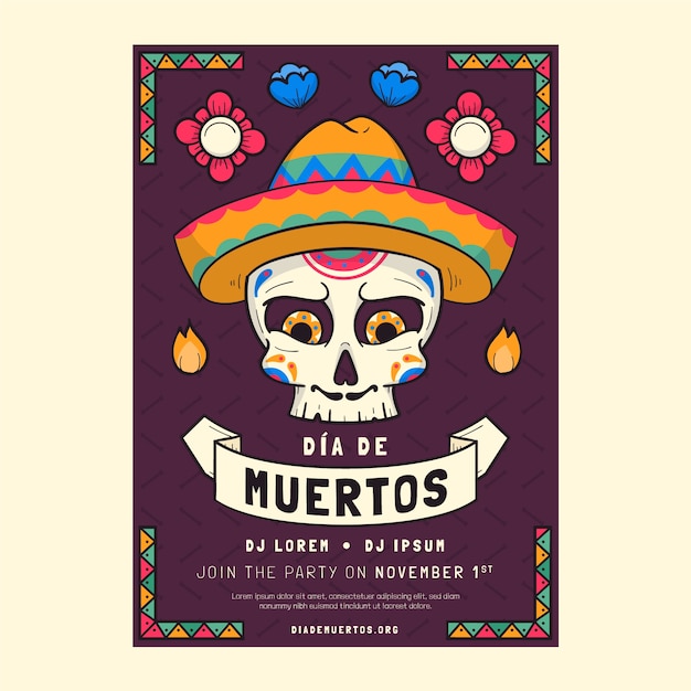 Modello di poster verticale per la celebrazione del dia de muertos disegnato a mano