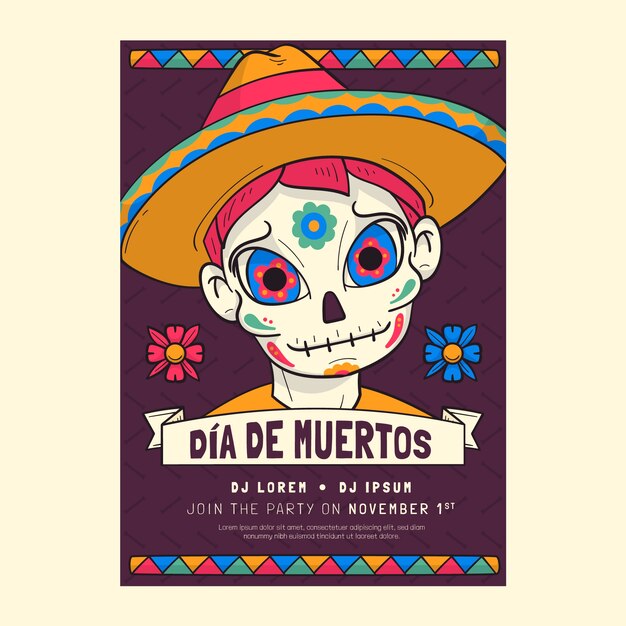 Hand drawn dia de muertos celebration vertical poster template