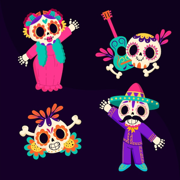 無料ベクター 手描きのdia de muertos要素コレクション