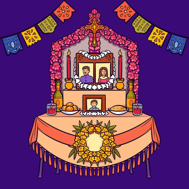 मुफ़्त वेक्टर hand drawn dia de muertos family home altar illustration